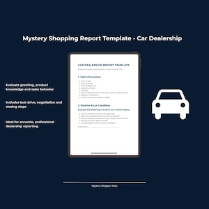 Peut inclure: Une tablette numérique affiche un modèle de rapport de client mystère pour une concession automobile. Le document comprend des sections sur les informations de visite et l'état extérieur, avec une icône de voiture blanche sur fond bleu.