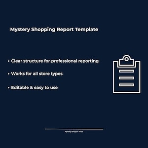May include: A dark blue Mystery Shopping Report Template with white text. It lists features: Clear structure for professional reporting, Works for all store types, and Editable & easy to use. A white line-art icon of a clipboard is on the right.