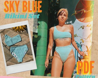 Sizes XS; S; M; L Blue Sky bikini Set  Pattern // High waisted Bottom and one shoulder top