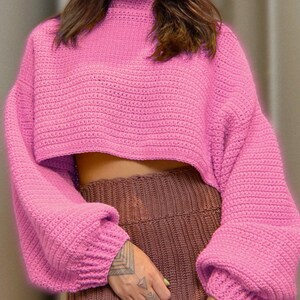 May include: A pink cropped sweater with long sleeves and a mock neck.