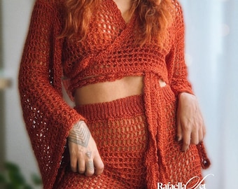 Rafaella set - crochet mesh wrap blouse + crochet mesh shorts