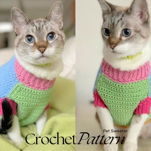 May include: A crochet pattern for a multi-colored cat sweater. The sweater is made in shades of pink, green, blue, and orange. The pattern is called "Pet Sweater".