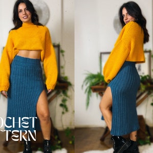 May include: A crochet pattern bundle featuring a yellow cropped sweater and a blue midi skirt with a slit. The crochet pattern bundle includes instructions for both pieces.