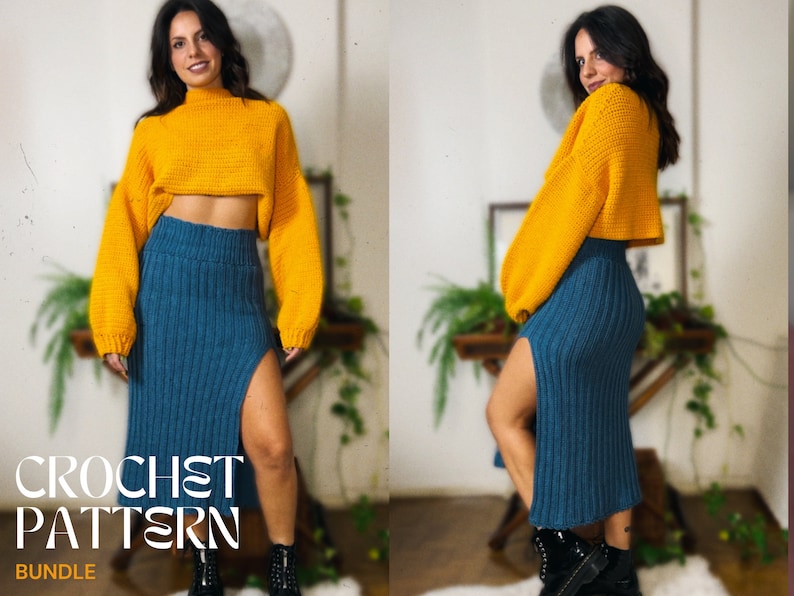 May include: A crochet pattern bundle featuring a yellow cropped sweater and a blue midi skirt with a slit. The crochet pattern bundle includes instructions for both pieces.