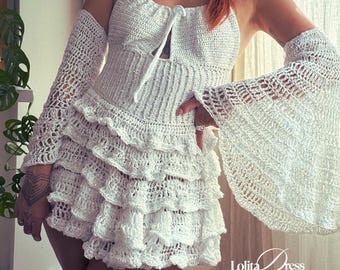 Lolita Crochet Dress Pattern PDF  Boho Corset Ruffle Mini Dress and Bell Sleeve