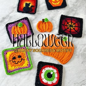 Halloween Granny Squares & Motifs Crochet Pattern – Cat, Pumpkin, Spider Web + More