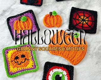 Halloween Granny Squares & Motifs Crochet Pattern – Cat, Pumpkin, Spider Web + More