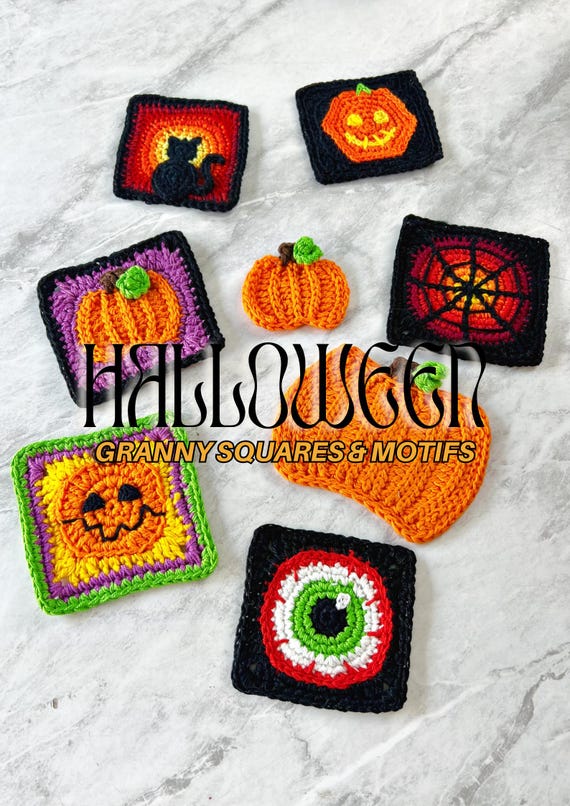Halloween Granny Squares & Motifs Crochet Pattern – Cat, Pumpkin