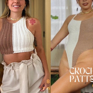 May include: Crochet pattern bundle for a two-piece outfit. The top is a halter style with a brown and white color block design. The bottom is a one-piece swimsuit with a brown and white color block design. The text "CROCHET PATTERN BUNDLE" is displayed on the image.