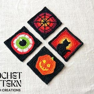 Halloween Granny Squares Crochet Pattern – Cat, Pumpkin, Eye & Web