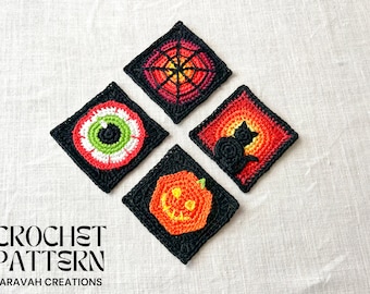 Halloween Granny Squares Crochet Pattern – Cat, Pumpkin, Eye & Web