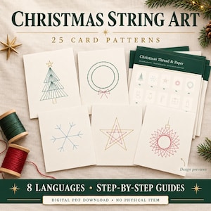 May include: A collection of Christmas string art card patterns featuring designs of a tree, wreath, snowflake, star, and ornament. Includes a guide titled Christmas Thread & Paper with 25 patterns, two wooden spools of green and red thread.