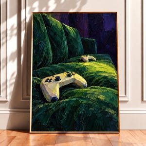 Controller Wall Art, Two Game on Green Sofa Poster, Painterly Gaming Print
