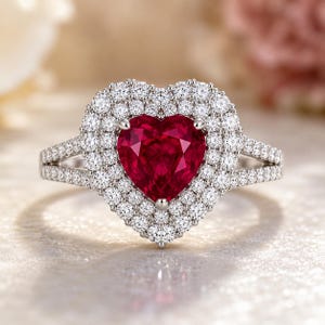 Op de afbeelding: Een zilverkleurige ring met een centraal hartvormige rode edelsteen, omringd door een dubbele halo van kleine, ronde, heldere stenen. De ringband is aan beide zijden gespleten en elk deel is ingelegd met kleine, ronde, heldere steentjes.