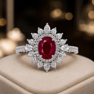 Puede incluir: Un anillo de tono plateado con una piedra preciosa central de color rojo intenso en talla ovalada, rodeada por un doble halo de pequeñas piedras claras redondas y en forma de pera. El aro es fino y tiene pequeñas piedras incrustadas.
