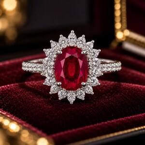 Op de afbeelding: Een zilverkleurige ring met een grote, ovaal geslepen dieprode edelsteen in het midden. De steen is omringd door een halo van kleine, heldere, peervormige en rond geslepen stenen. De ringband is dun en ingelegd met kleine, heldere, rond geslepen stenen.
