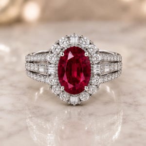 Peut inclure: Une bague argentée avec une grande pierre précieuse rouge foncé de taille ovale au centre. La pierre est entourée d'un halo de petites pierres blanches rondes et taille baguette. L'anneau est divisé en trois rangées, incrustées de pierres.