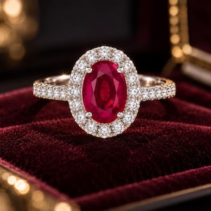 May include: A ring featuring a large oval-cut deep red ruby centre stone surrounded by a halo of small round white diamonds. The band is crafted from a metallic material and is also set with a row of small round white diamonds along the shank.