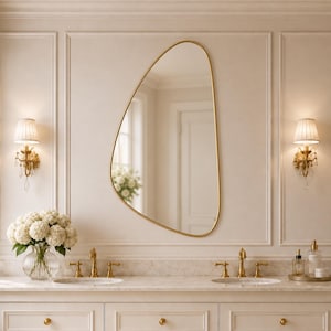 May include: An asymmetrical wall mirror with a thin gold frame mounted on a paneled wall. The mirror features an irregular, organic shape and is positioned between two wall-mounted lamps with white shades above a double vanity with gold faucets.