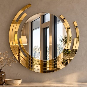 Puede incluir: Un espejo de pared circular con un centro reflectante y un marco decorativo compuesto por múltiples arcos concéntricos de tono dorado de longitudes variables que se extienden desde la superficie de vidrio principal.