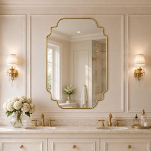 May include: A wall-mounted mirror featuring a gold-toned frame with a scalloped, rounded-corner rectangular shape. The mirror reflects a bright interior space, showcasing a clear glass surface framed by a thin, metallic gold border.