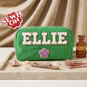Personalized Large Cosmetic Bag Sewn On Chenille Patches Custom Makeup Nylon Pouch Initial Letter Name Patch Cute Travel SPF Toiletry Case