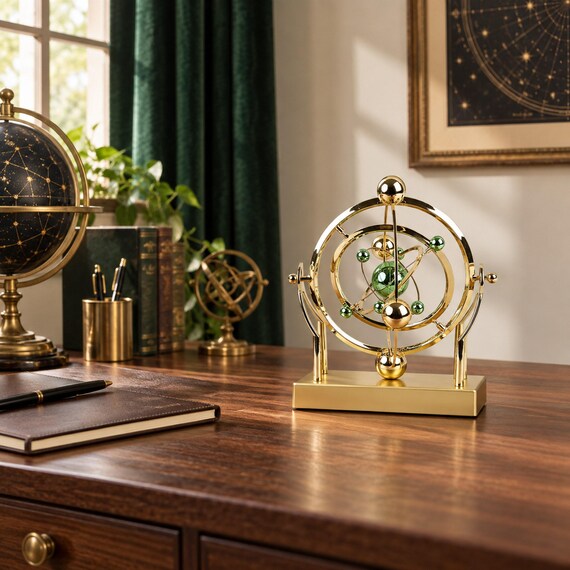 A gold perpetual-motion kinetic sculpture that just sits on your desk hypnotically swaying — the kind of thing visitors can't stop touching.