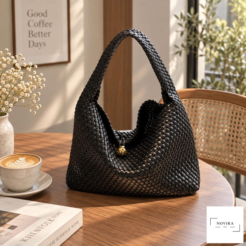 May include: A black woven hobo bag featuring a single integrated shoulder strap and a central gold-toned spherical charm. The bag is constructed from a dense, uniform basket-weave pattern, creating a textured surface throughout the entire exterior.