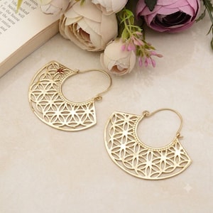 Mandala Gold Hoop Earrings, Geometric Brass Earrings, Boho Tribal Jewelry, Flower of Life Half Moon Hoops, Statement Earrings, Gift for Her