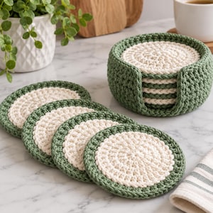 May include: A set of round, crocheted coasters featuring a cream-colored center surrounded by a sage green border. The coasters are arranged in a stack within a matching sage green crocheted holder, with additional individual coasters placed in front.