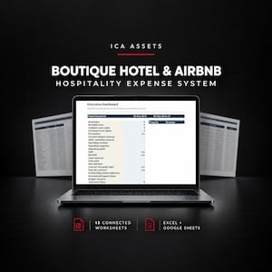 Könnte beinhalten: Ein Laptop mit einem Executive Dashboard für ein Boutique Hotel & Airbnb Hospitality Expense System von ICA Assets. Der Bildschirm zeigt Finanzkennzahlen und der Text weist auf 13 verbundene Arbeitsblätter für Excel und Google Sheets hin.