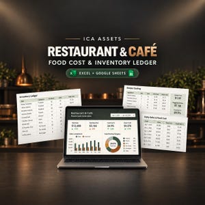May include: A laptop displaying a Restaurant & Café Food Cost Overview dashboard, surrounded by floating inventory and recipe costing spreadsheets. The text reads ICA ASSETS RESTAURANT & CAFÉ FOOD COST & INVENTORY LEDGER, with Excel and Google Sheets icons.