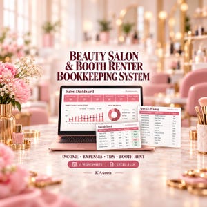 May include: A digital bookkeeping system for beauty salons and booth renters, featuring a laptop displaying a dashboard, a booth rent table, and a service pricing list. Text includes "BEAUTY SALON & BOOTH RENTER BOOKKEEPING SYSTEM", "INCOME • EXPENSES • TIPS • BOOTH RENT", "11 WORKSHEETS", "EXCEL .XLSX", and "ICAAssets".
