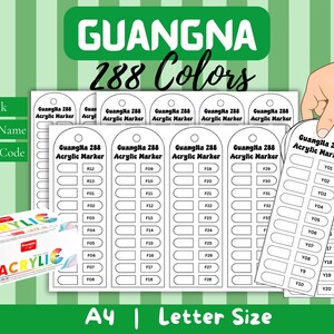 Puede incluir: Un conjunto de tablas de colores imprimibles en tamaño A4 y carta para marcadores acrílicos Guangna 288. Las hojas de papel blanco presentan filas de cajas rectangulares vacías con códigos de color, junto a una caja de marcadores.