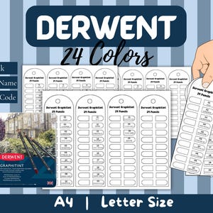 May include: A digital download set of printable color charts for Derwent Graphitint 24 pencils. The sheets feature blank swatches, color names, and codes in a vertical tag layout. Includes a PDF icon and a visual of the pencil tin packaging.
