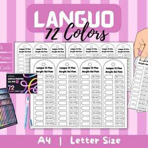 Puede incluir: Un conjunto de tablas de muestras de color imprimibles para bolígrafos de gel acrílico Languo 72 Plus, con plantillas en blanco para nombres y códigos de color. Incluye un estuche negro con 72 bolígrafos, uno azul y hojas de papel blanco.