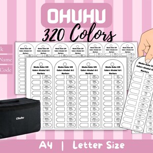 Könnte beinhalten: Eine schwarze, rechteckige Tragetasche mit Griff und Ohuhu-Logo sowie mehrere weiße Papierbögen mit aufgedruckten Ohuhu 320 Colors Alcohol Art Markers-Tabellen mit leeren Feldern für Farbnamen und Farbcodes in A4- und Letter-Größen.