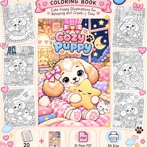 Puede incluir: Un libro para colorear Cozy Puppy con 20 ilustraciones en blanco y negro y una portada a todo color. La portada muestra un cachorro con una almohada de estrella amarilla en un dormitorio. Incluye un PDF de 21 páginas en A4, 210 x 297 mm.