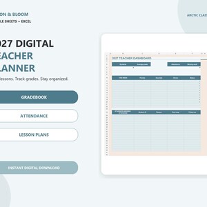 Op de afbeelding: Een digitale docentenplanner 2027 voor Google Sheets en Excel met een dashboardindeling met secties voor cijferlijsten, aanwezigheid en lesplannen. De interface heeft een blauw en wit kleurenschema met tekstlabels voor organisatie.