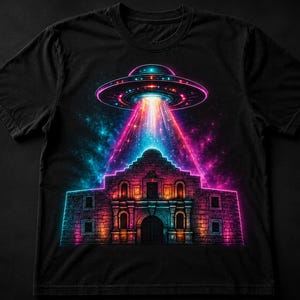 May include: A black short-sleeve t-shirt featuring a vibrant neon graphic of a UFO hovering above the Alamo. The design displays a glowing saucer emitting a bright beam of light over the stone structure, set against a colorful cosmic background.
