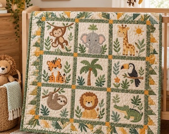 May include: A quilted baby blanket featuring a grid of nine squares with embroidered jungle animals including a monkey, elephant, giraffe, tiger, toucan, sloth, lion, and crocodile, accented by palm trees and a sun on a cream background.