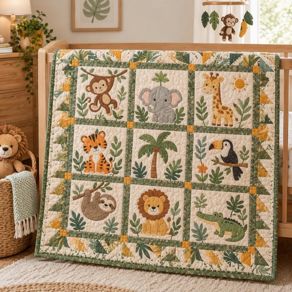 Può includere: Una coperta trapuntata per neonati con una griglia di nove quadrati raffiguranti animali della giungla ricamati, tra cui una scimmia, un elefante, una giraffa, una tigre, un tucano, un bradipo, un leone e un coccodrillo su fondo crema.