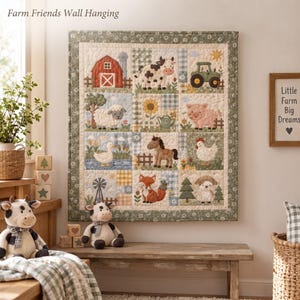 May include: A rectangular wall hanging quilt titled Farm Friends Wall Hanging featuring a grid of twelve squares with appliqued images of a red barn, cow, tractor, sheep, sunflower, pig, duck, horse, chicken, windmill, fox, and lamb.