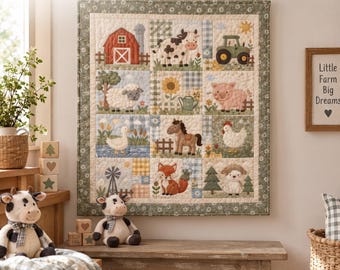May include: A rectangular wall hanging quilt titled Farm Friends Wall Hanging featuring a grid of twelve squares with appliqued images of a red barn, cow, tractor, sheep, sunflower, pig, duck, horse, chicken, windmill, fox, and lamb.