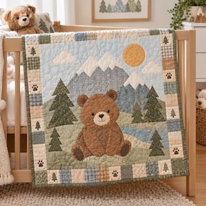 Könnte beinhalten: Eine gesteppte Babydecke mit einem braunen Bären in der Mitte, der in einer Landschaft mit grünen Tannen, blauen Bergen und einer gelben Sonne sitzt. Der Rand besteht aus abwechselnden blauen, grünen und beigen Quadraten, die mit kleinen Baum- und Pfotenabdruck-Symbolen verziert sind.