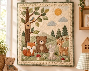 May include: A rectangular fabric wall hanging featuring a quilted forest scene with a brown bear, a fox, a rabbit, and a deer. The design includes a tree with a birdhouse, a yellow sun, clouds, and red mushrooms on a green grassy landscape.