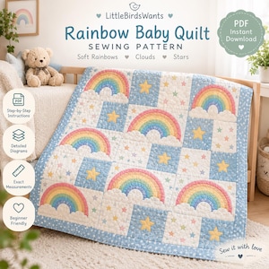 May include: A baby quilt sewing pattern titled Rainbow Baby Quilt featuring a repeating block design of colorful rainbows, white clouds, and yellow stars on a light blue background with white star accents, presented as a PDF instant download.