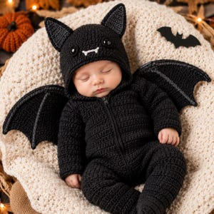 May include: A black crocheted long-sleeve jumpsuit featuring a hood with pointed bat ears, two black button eyes, and white stitched fangs. The garment includes large, matching black crocheted bat wings attached to the back and a front zipper.