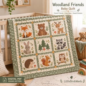 May include: A baby quilt featuring a grid of nine squares with illustrations of a fox, bear, deer, rabbit, pine trees, raccoon, hedgehog, squirrel, and owl. The quilt has a sage green border with a small white floral pattern and orange accents.