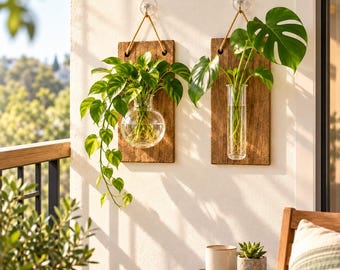 May include: Two wall-mounted plant propagation stations featuring rectangular wooden boards with jute rope hangers. One board holds a round glass bulb vase with a trailing green plant, while the other holds a tall cylindrical glass tube with leaves.